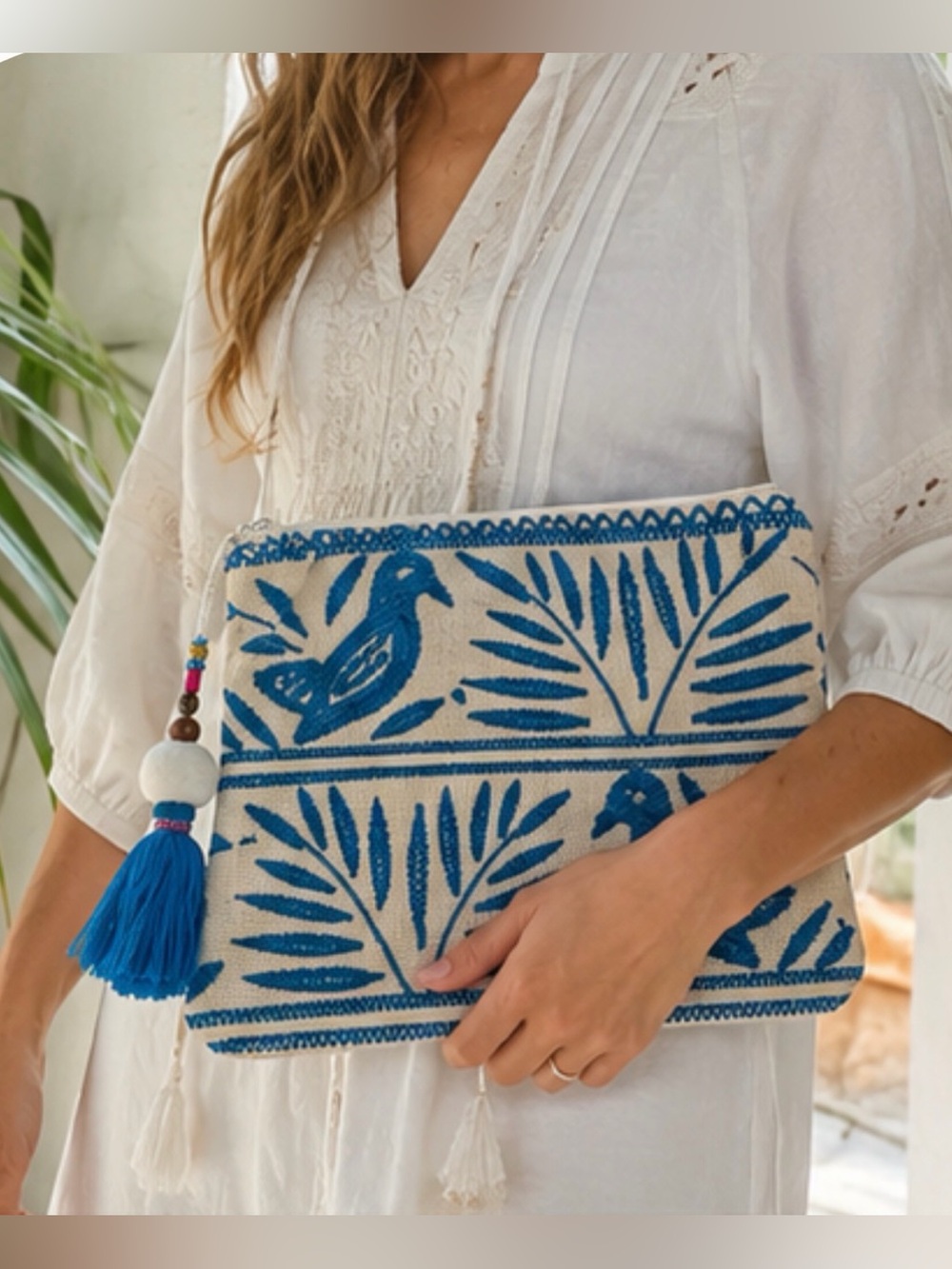 Star Mela Blue Embroidered Bird Tassel Boho Canvas Zip Bag 12" x 10"